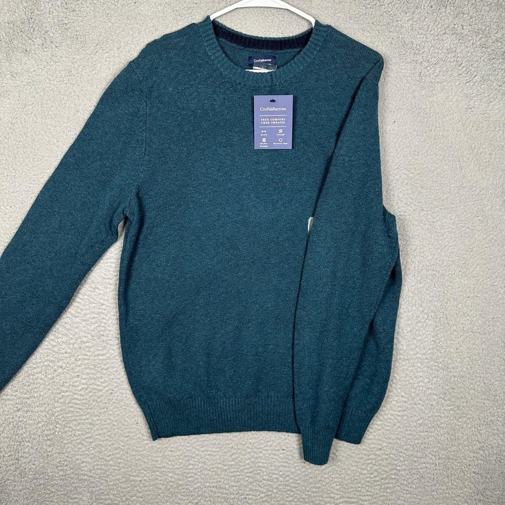 NEW Croft Barrow Sweater Mens Large True Comfort Teal Blue Crewneck Knit Stretch